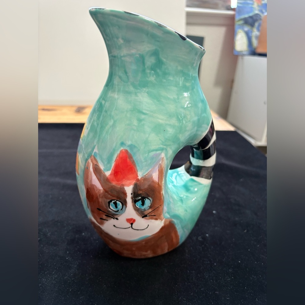 Hand painted Cat & Sunflowers on Mint “Ceramic Pitcher  ScarletColor 9”